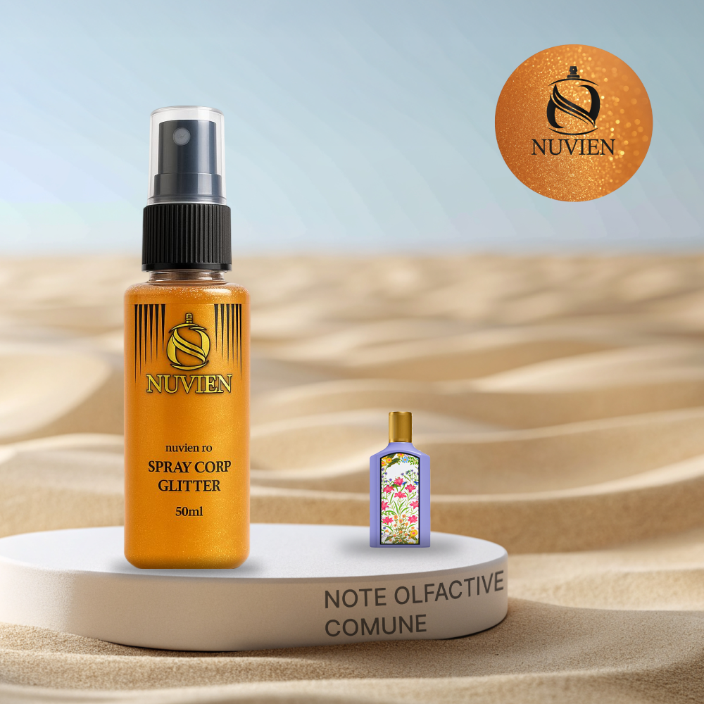 Spray de corp cu sclipici, Nuvien, 50ml – 138, inspirat din Flora Gorgeous Magnolia - Gucci